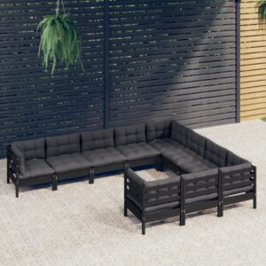 10 Piece Garden Lounge Set with Cushions Black Pinewood