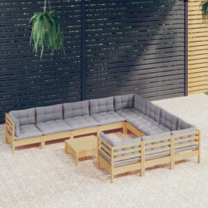 11 Piece Garden Lounge Set with Grey Cushions Pinewood