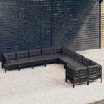 10 Piece Garden Lounge Set with Cushions Black Pinewood