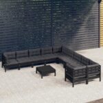 11 Piece Garden Lounge Set with Cushions Black Pinewood