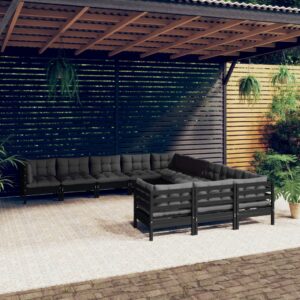 11 Piece Garden Lounge Set with Cushions Black Pinewood