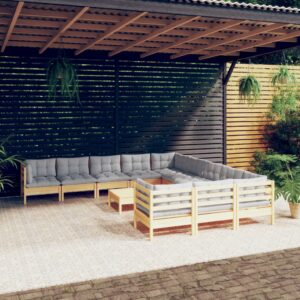 12 Piece Garden Lounge Set with Grey Cushions Pinewood