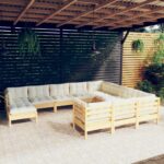 11 Piece Garden Lounge Set with Cream Cushions Pinewood