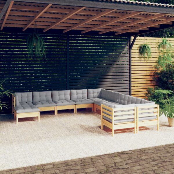 11 Piece Garden Lounge Set with Grey Cushions Pinewood