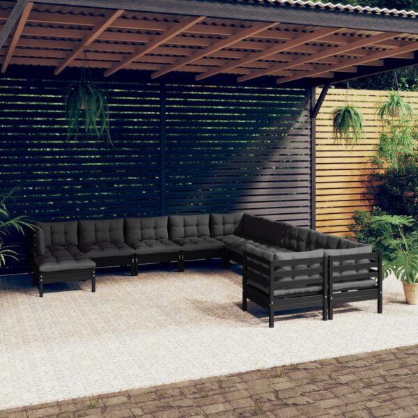 11 Piece Garden Lounge Set with Cushions Black Pinewood