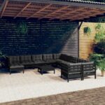 12 Piece Garden Lounge Set with Cushions Black Pinewood