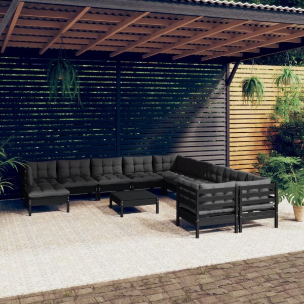 12 Piece Garden Lounge Set with Cushions Black Pinewood