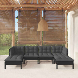 6 Piece Garden Lounge Set with Cushions Black Pinewood