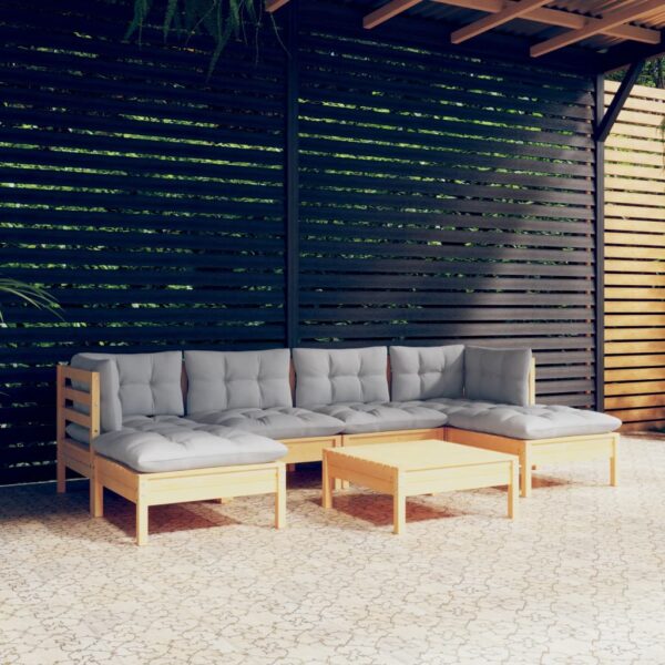 7 Piece Garden Lounge Set with Grey Cushions Pinewood