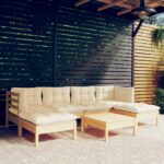 7 Piece Garden Lounge Set with Cream Cushions Pinewood