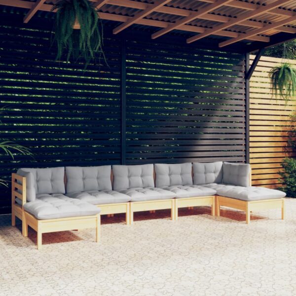 7 Piece Garden Lounge Set with Grey Cushions Pinewood