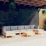 8 Piece Garden Lounge Set with Grey Cushions Pinewood