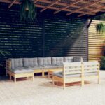 10 Piece Garden Lounge Set with Grey Cushions Pinewood