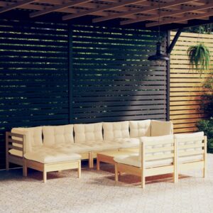 10 Piece Garden Lounge Set with Cream Cushions Pinewood