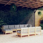 10 Piece Garden Lounge Set with Grey Cushions Pinewood