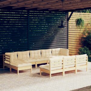 10 Piece Garden Lounge Set with Cream Cushions Pinewood