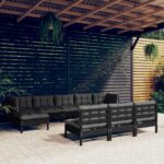 10 Piece Garden Lounge Set with Cushions Black Pinewood