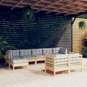 9 Piece Garden Lounge Set with Grey Cushions Solid Pinewood