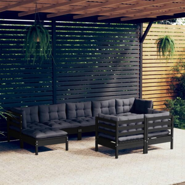 9 Piece Garden Lounge Set with Cushions Black Solid Pinewood