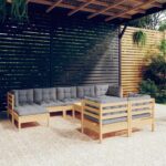 10 Piece Garden Lounge Set with Grey Cushions Solid Pinewood