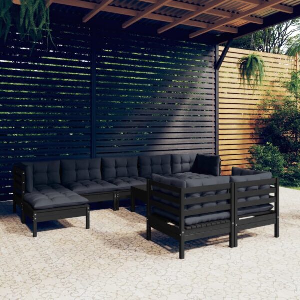 10 Piece Garden Lounge Set with Cushions Black Solid Pinewood