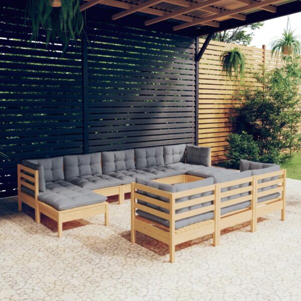 10 Piece Garden Lounge Set with Grey Cushions Solid Pinewood