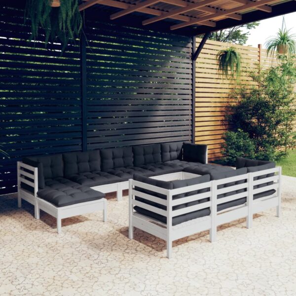 10 Piece Garden Lounge Set with Cushions White Solid Pinewood