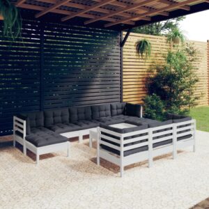 11 Piece Garden Lounge Set with Cushions White Solid Pinewood