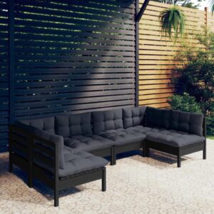 6 Piece Garden Lounge Set with Cushions Black Solid Pinewood