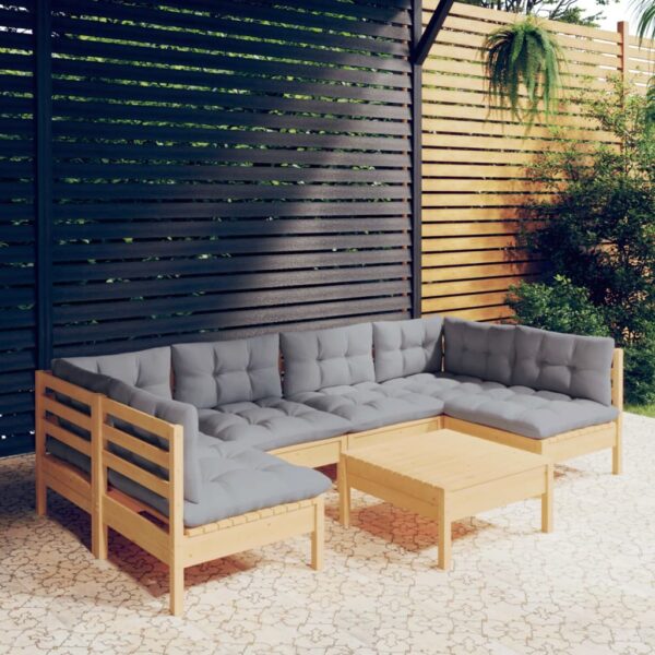 7 Piece Garden Lounge Set with Grey Cushions Solid Pinewood