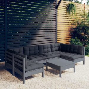 7 Piece Garden Lounge Set with Cushions Grey Solid Pinewood