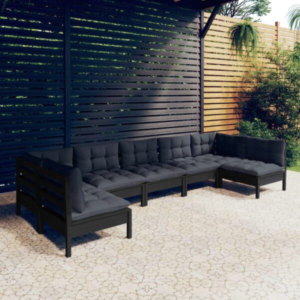 7 Piece Garden Lounge Set with Cushions Black Solid Pinewood