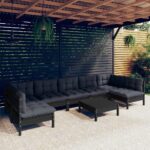 8 Piece Garden Lounge Set with Cushions Black Solid Pinewood