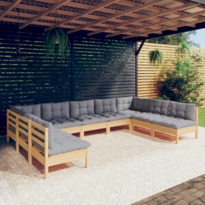 9 Piece Garden Lounge Set with Grey Cushions Solid Pinewood