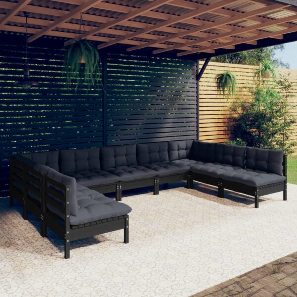 9 Piece Garden Lounge Set with Cushions Black Solid Pinewood