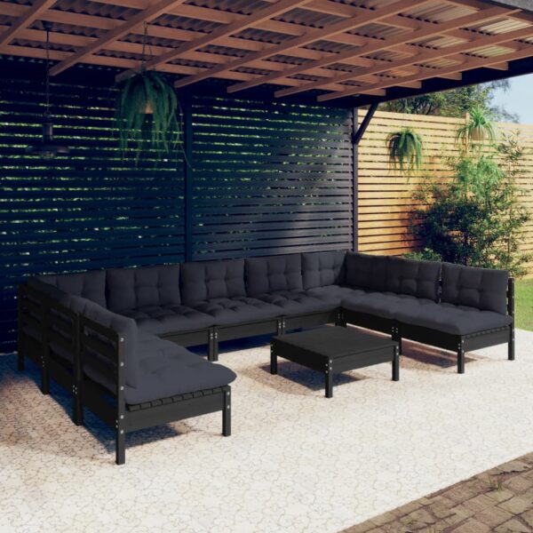 10 Piece Garden Lounge Set with Cushions Black Solid Pinewood