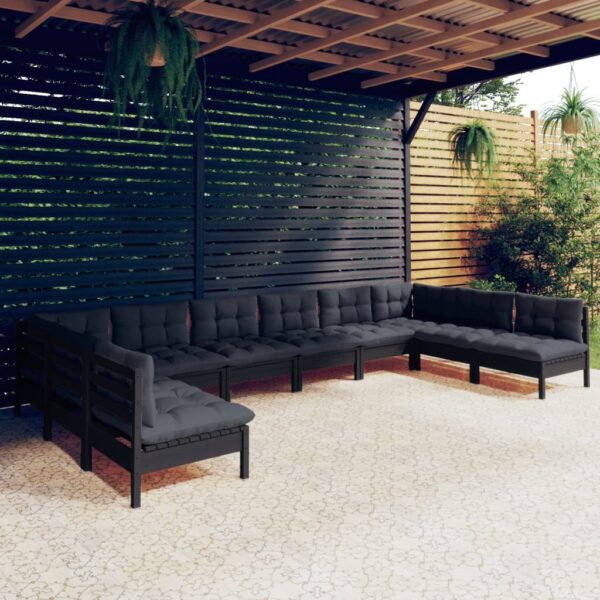 10 Piece Garden Lounge Set with Cushions Black Solid Pinewood