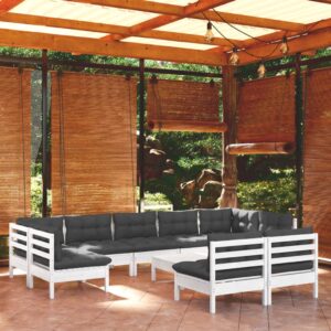 10 Piece Garden Lounge Set with Cushions White Solid Pinewood