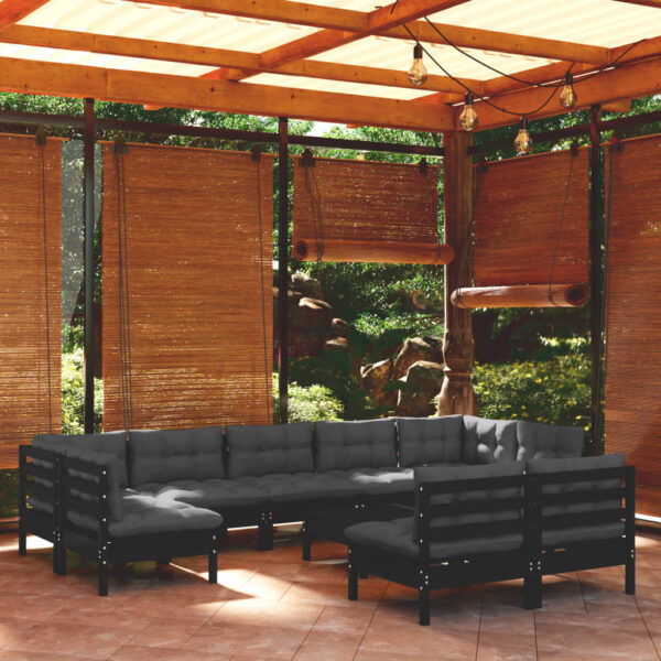 10 Piece Garden Lounge Set with Cushions Black Solid Pinewood