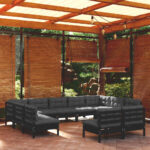 11 Piece Garden Lounge Set with Cushions Black Solid Pinewood