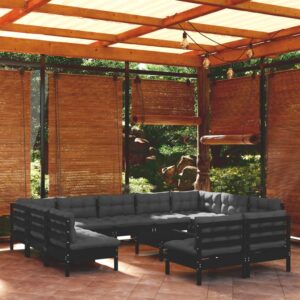 12 Piece Garden Lounge Set with Cushions Black Solid Pinewood