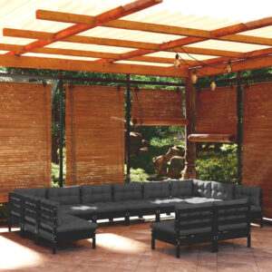 12 Piece Garden Lounge Set with Cushions Black Solid Pinewood