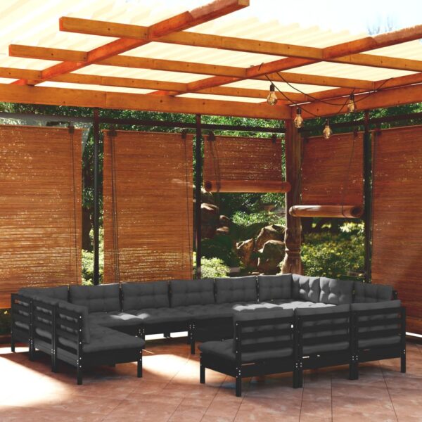 14 Piece Garden Lounge Set with Cushions Black Solid Pinewood