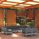 9 Piece Garden Lounge Set with Cushions Grey Solid Pinewood