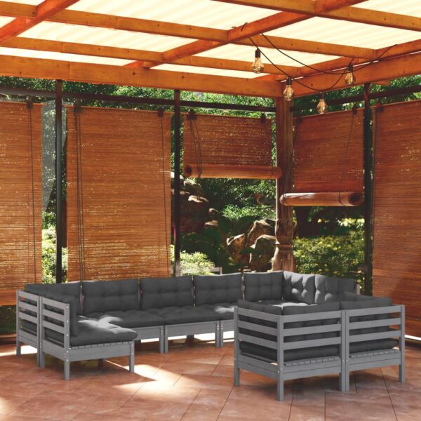 9 Piece Garden Lounge Set with Cushions Grey Solid Pinewood