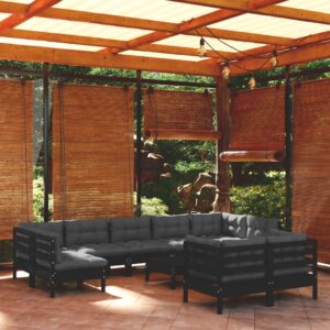 10 Piece Garden Lounge Set with Cushions Black Solid Pinewood