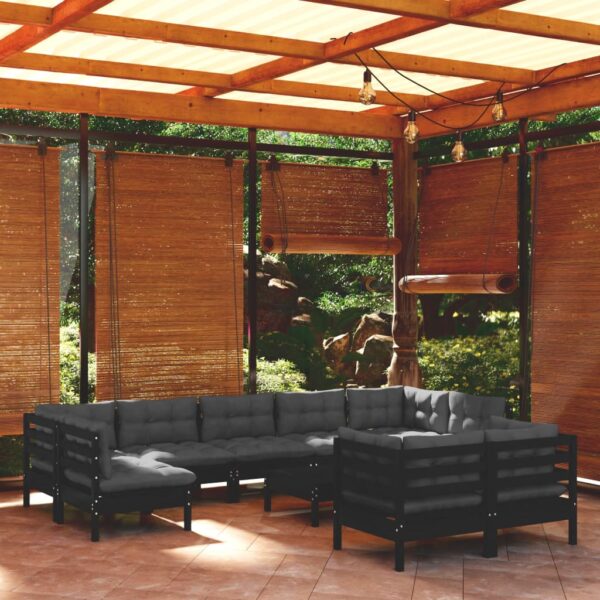 10 Piece Garden Lounge Set with Cushions Black Solid Pinewood