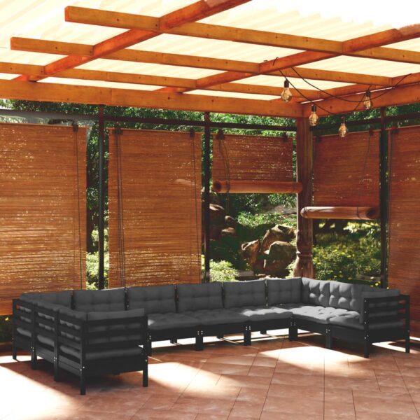 10 Piece Garden Lounge Set with Cushions Black Pinewood