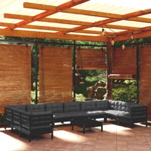 11 Piece Garden Lounge Set with Cushions Black Pinewood