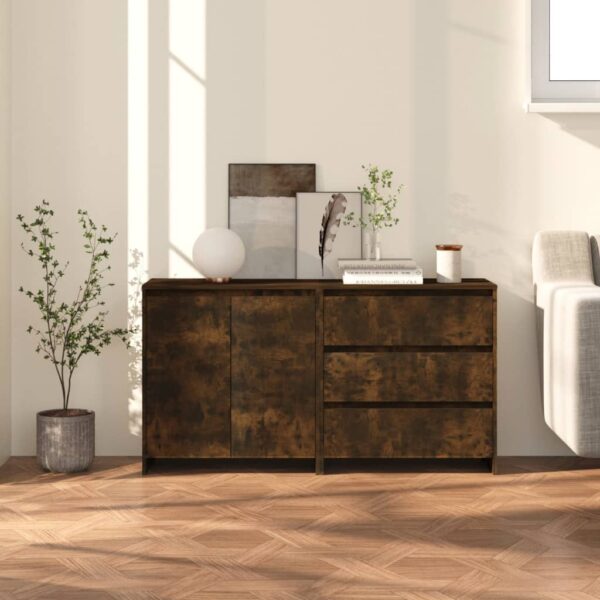 Chic Smoked Oak Sideboard Set Engineered Wood Storage Cabinet Organizer